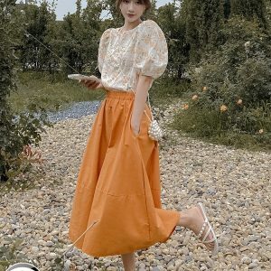 Summer Orange Floral Two-Piece Skirt Set for Women - Trendy OOTD Outfit, Unique & Beautiful, Perfect for 2025 Style