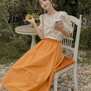 Summer Orange Floral Two-Piece Skirt Set for Women - Trendy OOTD Outfit, Unique & Beautiful, Perfect for 2025 Style