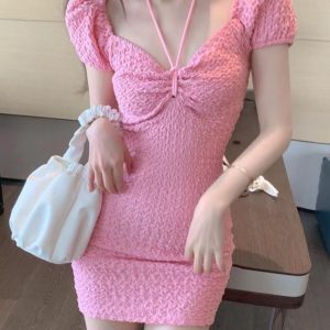 Summer Pink Bodycon Mini Dress - Sexy Waist-Cinching Spaghetti Strap Style with Chest-Revealing Design for Women