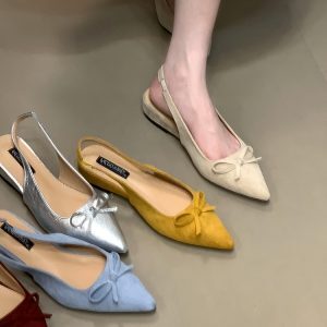 Summer Pointed Toe Bow Tie Closed-Toe Sandals for Women - French Style Elegant Flats in Fairy Aesthetic