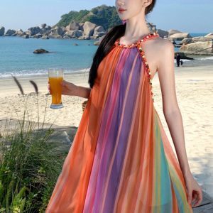 Summer Rainbow Striped Halter Sleeveless Loose Dress for Beach Vacations - Trendy Seaside Photo Shoot Outfit
