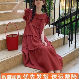 Summer Red Dress for Women with Unique Flying Sleeves, Cake Long Skirt, and Relaxed Fit - Perfect for a Chic, Effortless Look