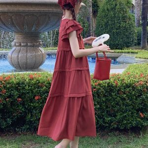 Summer Red Dress for Women with Unique Flying Sleeves, Cake Long Skirt, and Relaxed Fit - Perfect for a Chic, Effortless Look