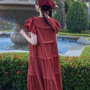 Summer Red Dress for Women with Unique Flying Sleeves, Cake Long Skirt, and Relaxed Fit - Perfect for a Chic, Effortless Look