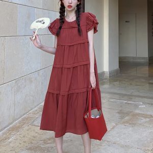 Summer Red Dress for Women with Unique Flying Sleeves, Cake Long Skirt, and Relaxed Fit - Perfect for a Chic, Effortless Look