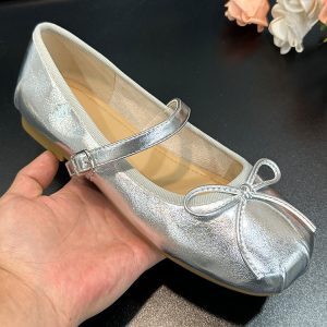 Summer Retro French Flat Ballet Shoes for Women - Silver Square Toe Bow Mary Jane Style