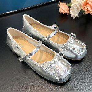 Summer Retro French Flat Ballet Shoes for Women - Silver Square Toe Bow Mary Jane Style