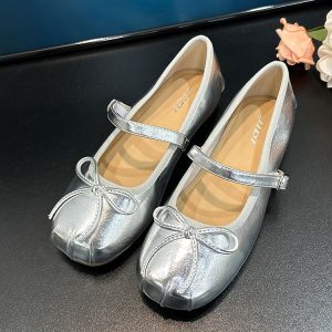 Summer Retro French Flat Ballet Shoes for Women - Silver Square Toe Bow Mary Jane Style