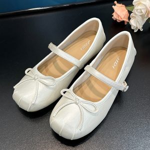 Summer Retro French Flat Ballet Shoes for Women - Silver Square Toe Bow Mary Jane Style