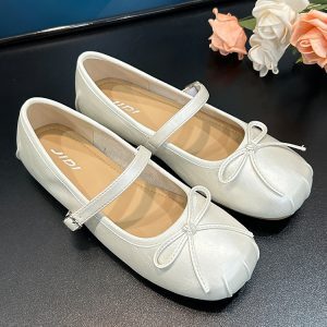Summer Retro French Flat Ballet Shoes for Women - Silver Square Toe Bow Mary Jane Style