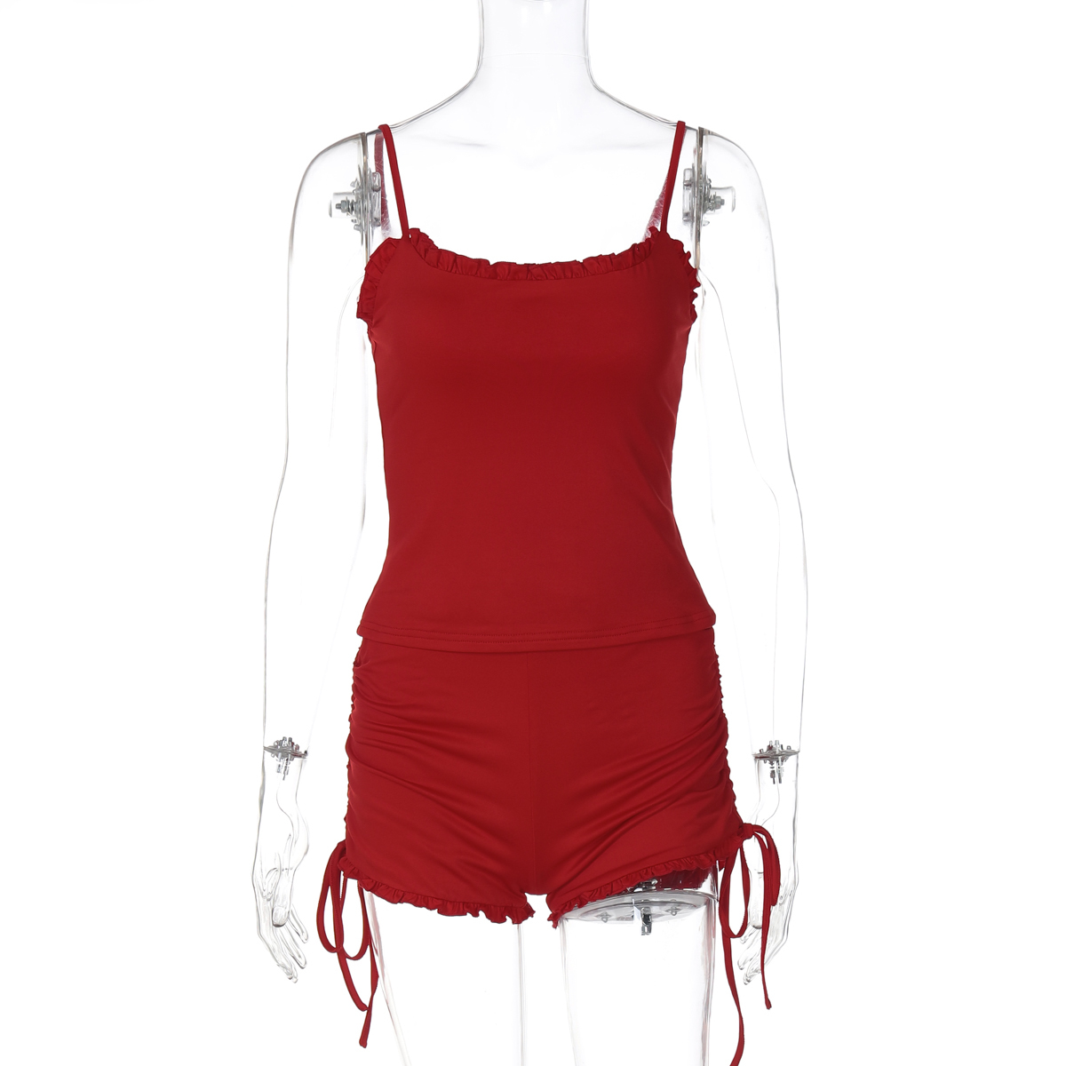 Summer Ruffled Lace Camisole & High-Waisted Drawstring Shorts Two-Piece Set for Women - Versatile Fashion Outfit