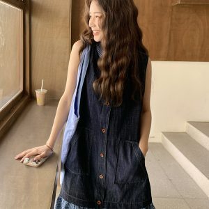 Summer Sleeveless Denim Dress for Women - Relaxed Fit Faux Two-Piece Look, Unique High-End Style, Perfect for Hot Weather