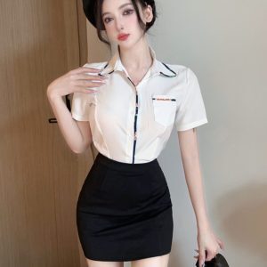 Summer Slim-Fit Short Sleeve White Shirt & Bodycon Skirt Set for Female Foot Massage Therapists – Chic Spa Uniform Outfit