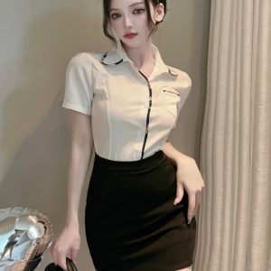 Summer Slim-Fit Short Sleeve White Shirt & Bodycon Skirt Set for Female Foot Massage Therapists – Chic Spa Uniform Outfit