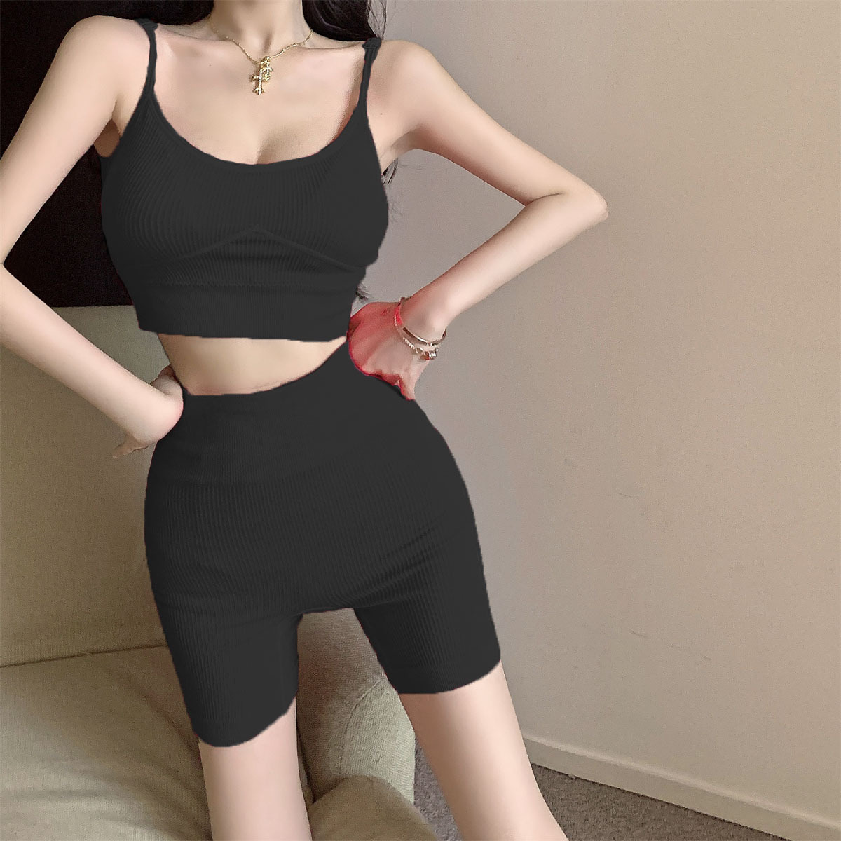 Summer Sports Two-Piece Set - Sexy Crop Top and Shorts for Yoga, Gymnastics, Activewear, Lightweight Fabric
