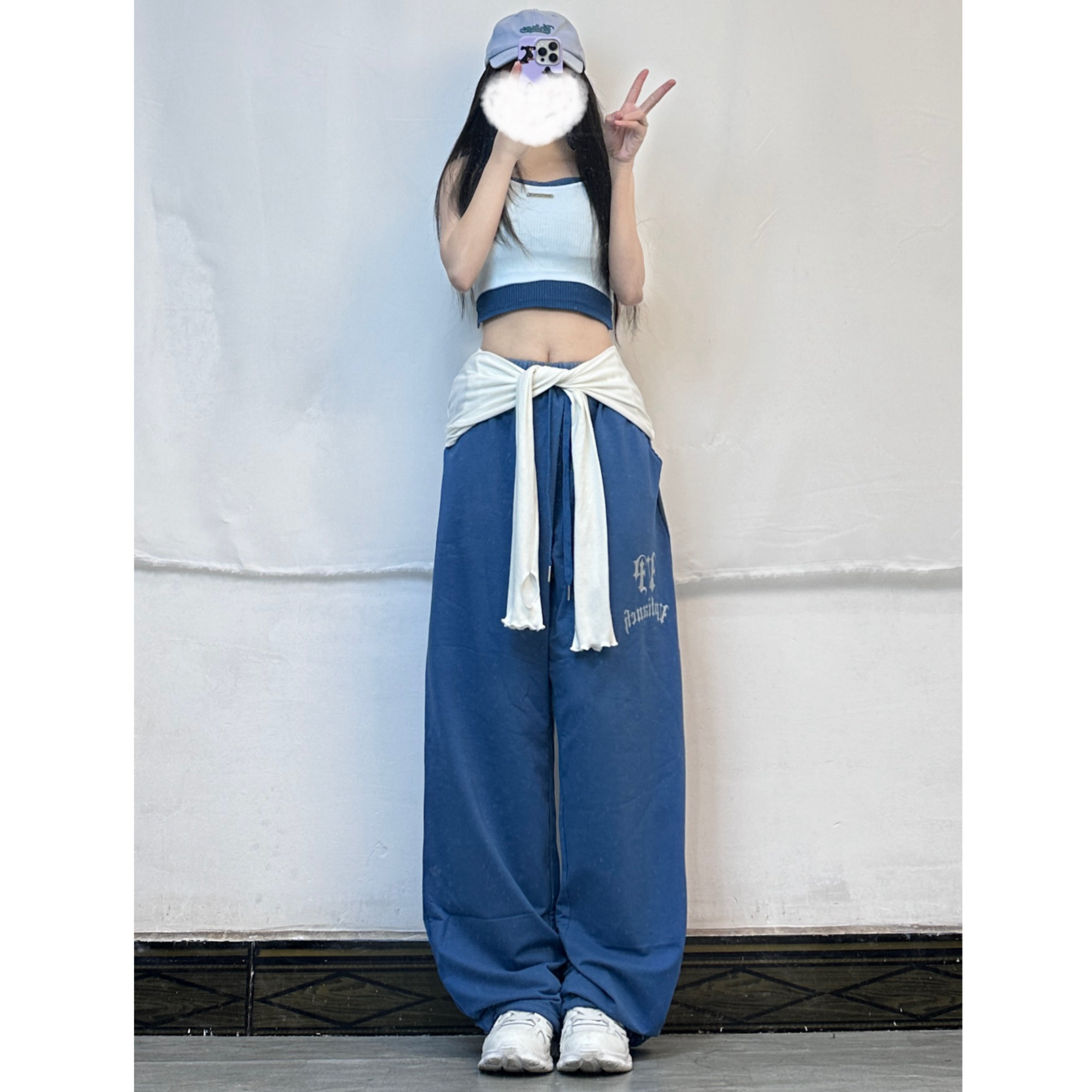 Summer Thin Blue Printed Dance Set with Color-Contrast Faux Two-Piece Camisole and Street Style Sports Pants