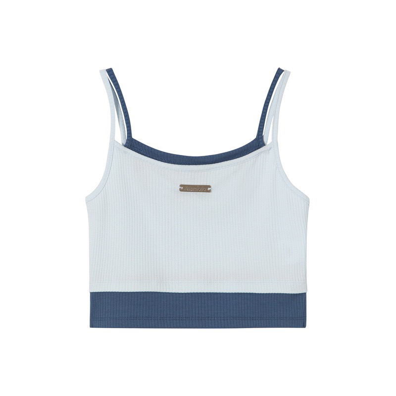 Summer Thin Blue Printed Dance Set with Color-Contrast Faux Two-Piece Camisole and Street Style Sports Pants