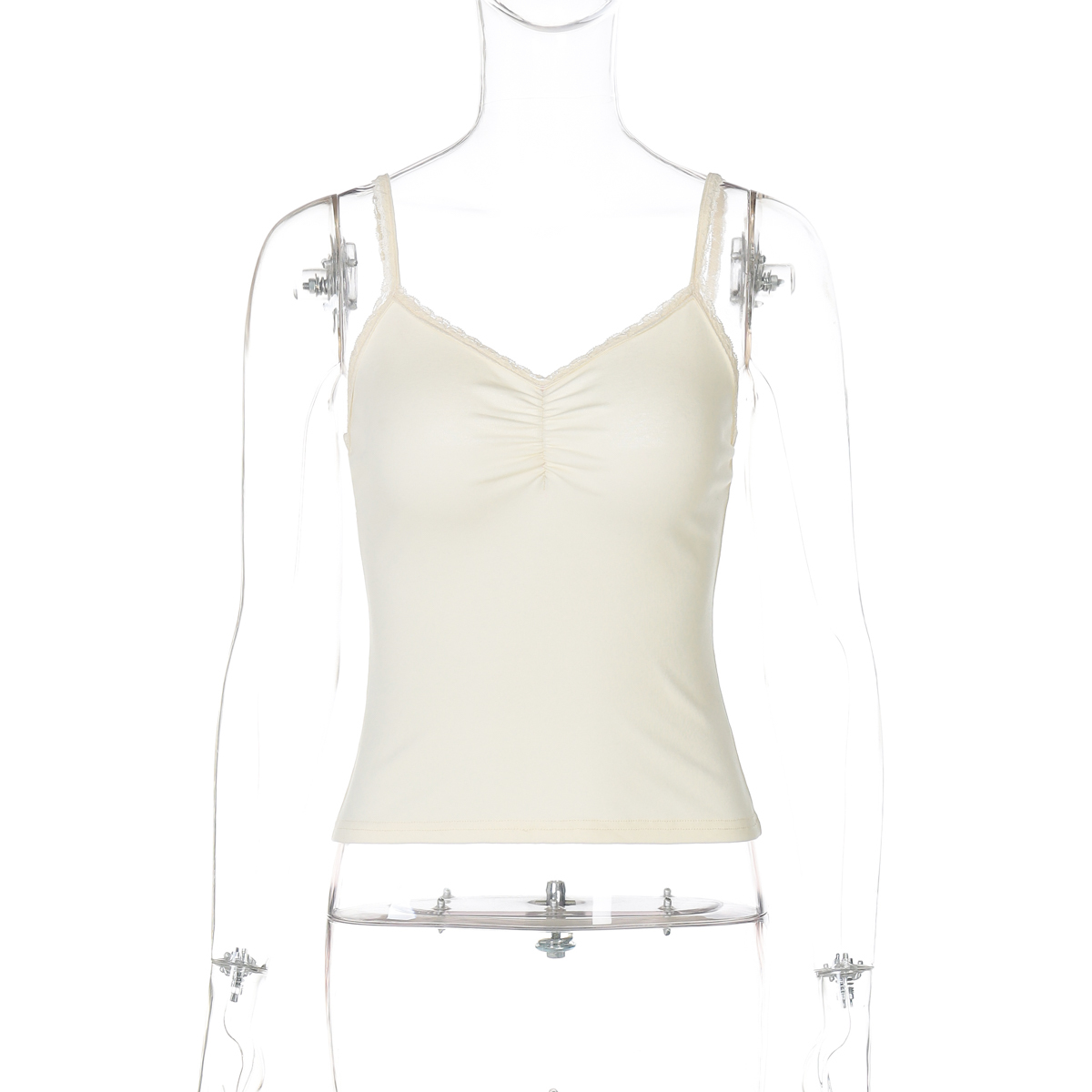 Summer Versatile Ruched Lace Trim V-Neck Camisole for Women - Stretchy Slim Fit Sexy Top, Perfect for Y2K and Casual Outfits