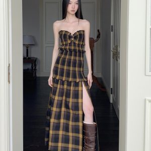 Summer Vintage Plaid Strapless Dress for Women, Loose Fit Elastic Waist, Sexy Split Long Skirt, Vacation Fashion 90s Style