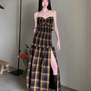 Summer Vintage Plaid Strapless Dress for Women, Loose Fit Elastic Waist, Sexy Split Long Skirt, Vacation Fashion 90s Style