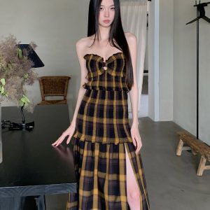 Summer Vintage Plaid Strapless Dress for Women, Loose Fit Elastic Waist, Sexy Split Long Skirt, Vacation Fashion 90s Style