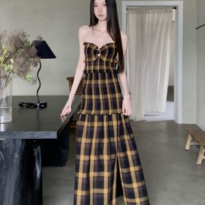 Summer Vintage Plaid Strapless Dress for Women, Loose Fit Elastic Waist, Sexy Split Long Skirt, Vacation Fashion 90s Style
