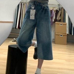 Summer Water-Washed Lightning Pattern Denim Capri Shorts for Women, Loose Wide-Leg, Slimming Straight Mid-Length Style