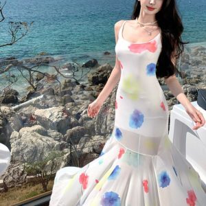 Summer Watercolor Polka Dot Spaghetti Strap Dress for Women, Irregular Mermaid Maxi Dress, Beach Vacation Style