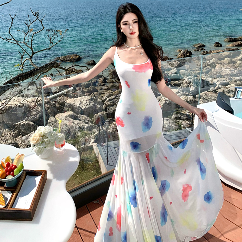 Summer Watercolor Polka Dot Spaghetti Strap Dress for Women, Irregular Mermaid Maxi Dress, Beach Vacation Style
