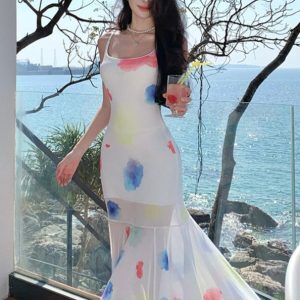 Summer Watercolor Polka Dot Spaghetti Strap Dress for Women, Irregular Mermaid Maxi Dress, Beach Vacation Style