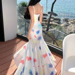 Summer Watercolor Polka Dot Spaghetti Strap Dress for Women, Irregular Mermaid Maxi Dress, Beach Vacation Style