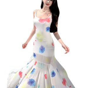 Summer Watercolor Polka Dot Spaghetti Strap Dress for Women, Irregular Mermaid Maxi Dress, Beach Vacation Style
