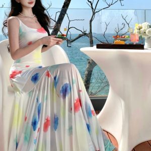 Summer Watercolor Polka Dot Spaghetti Strap Dress for Women, Irregular Mermaid Maxi Dress, Beach Vacation Style