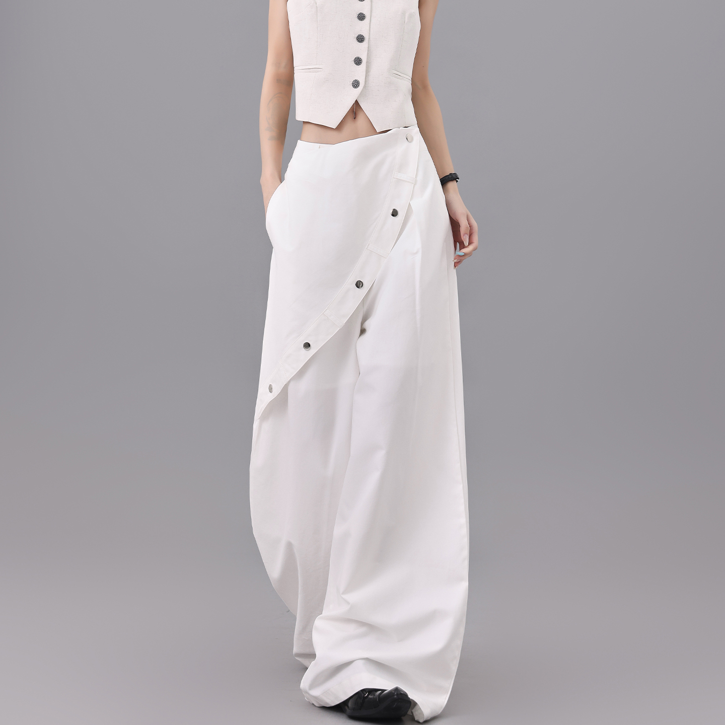 Summer White Faux Two-Piece Wide-Leg Suit Pants - Loose Slimming Draped Floor-Length Casual Trousers for Effortless Style