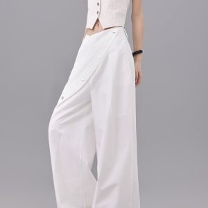 Summer White Faux Two-Piece Wide-Leg Suit Pants - Loose Slimming Draped Floor-Length Casual Trousers for Effortless Style