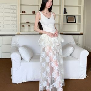 Summer White Floral Mesh Spaghetti Strap Dress - See-Through Casual Waist-Cinching Long Skirt for Women