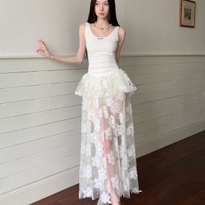 Summer White Floral Mesh Spaghetti Strap Dress - See-Through Casual Waist-Cinching Long Skirt for Women