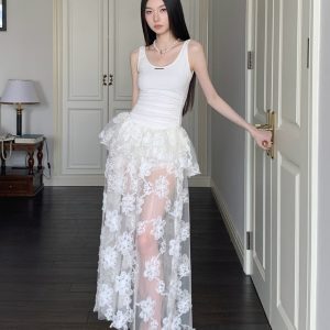 Summer White Floral Mesh Spaghetti Strap Dress - See-Through Casual Waist-Cinching Long Skirt for Women