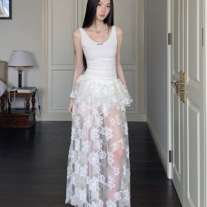 Summer White Floral Mesh Spaghetti Strap Dress - See-Through Casual Waist-Cinching Long Skirt for Women