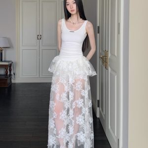 Summer White Floral Mesh Spaghetti Strap Dress - See-Through Casual Waist-Cinching Long Skirt for Women
