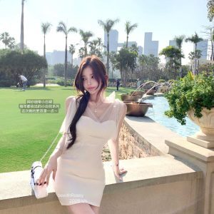Super Fairy Mesh Splicing Strapless Dress with Bow Tie and Jasmine White Flower Design – Y2K Slim Fit Fashion