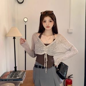 Sweet and Spicy American-Style Short Sleeve Dance Top for Women - Two-Piece Cardigan and Camisole Set for Jazz Dancing