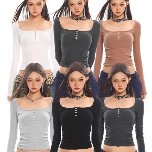 Sweet and Spicy Big U-Neck Slim Fit Long Sleeve T-Shirt for Women, Ribbed Top, New Autumn Winter Style, Y2K Fashion