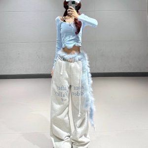 Sweet and Spicy Blue Square Collar Pleated Short Top with Spliced Letter Sports Pants - Trendy Dance Outfit for Girls