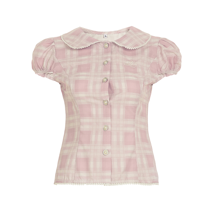 Sweet and Spicy Doll Collar Pink Plaid Shirt for Women, Versatile Puff Sleeve Top, College Style, Age-Reducing, 90s Inspired Fashion