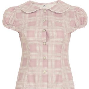 Sweet and Spicy Doll Collar Pink Plaid Shirt for Women, Versatile Puff Sleeve Top, College Style, Age-Reducing, 90s Inspired Fashion