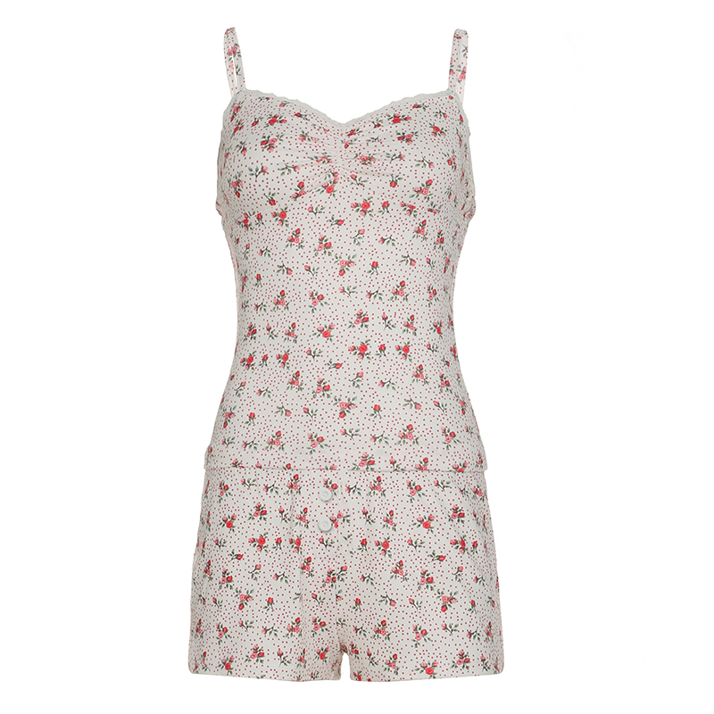 Sweet and Spicy Girl Polka Dot Floral Home Leisure Set for Women - Lace Splicing Camisole and Shorts, Y2K Style
