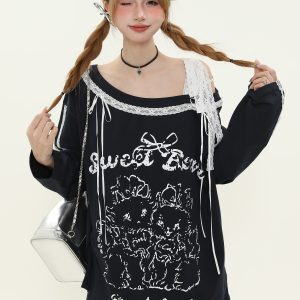 Sweet and Spicy Lace Splicing Printed Long Sleeve Off-Shoulder T-Shirt for Women - Trendy Spring Loose Fit American Style
