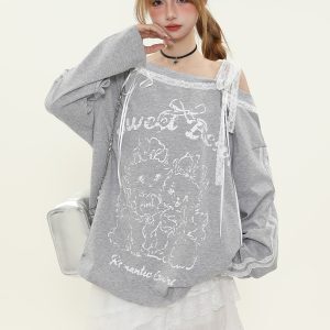 Sweet and Spicy Lace Splicing Printed Long Sleeve Off-Shoulder T-Shirt for Women - Trendy Spring Loose Fit American Style