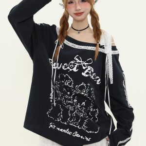 Sweet and Spicy Lace Splicing Printed Long Sleeve Off-Shoulder T-Shirt for Women - Trendy Spring Loose Fit American Style